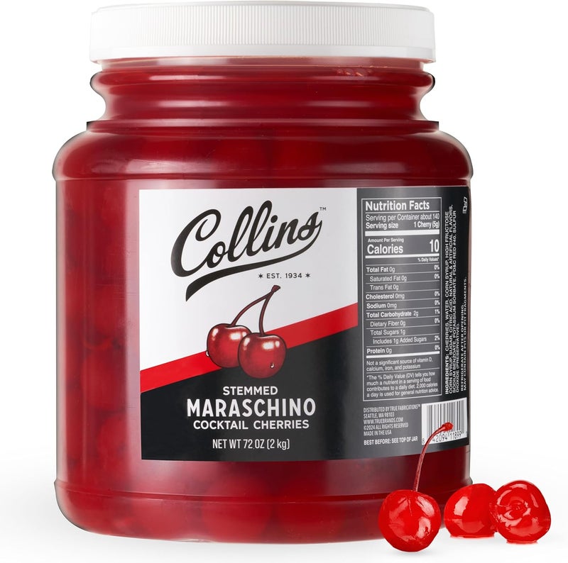 Collins Chicago Collins Stemmed Maraschino-Flavored Cherries - 72 oz Bulk Garnish for Cocktails and Desserts - Image 1
